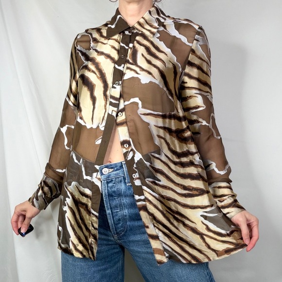 Sharon Young Tiger Zebra Silk Sheer Button Down Blouse Animal Print Brown M - Picture 14 of 14
